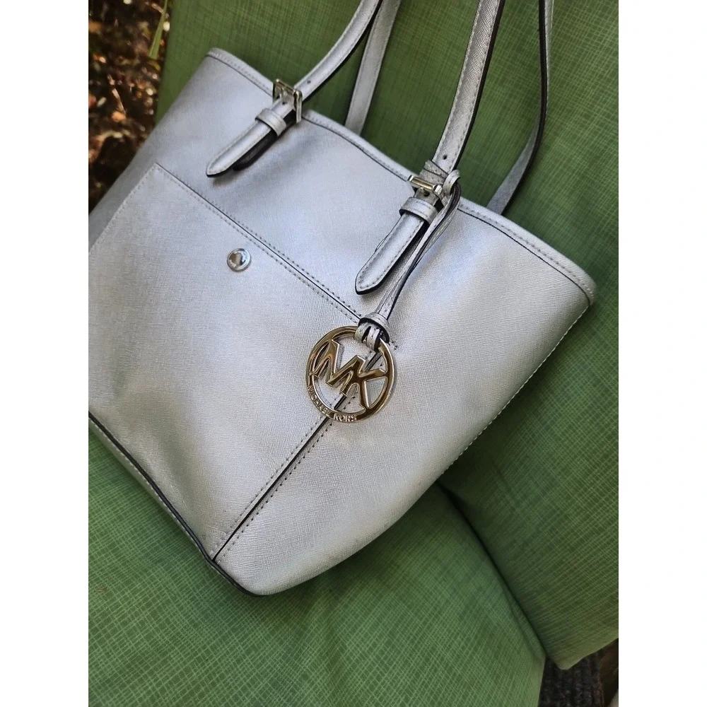 Michael Kors Jet Set Silver Metallic Tote Bag Purse Satchel MK‎ Logo Large